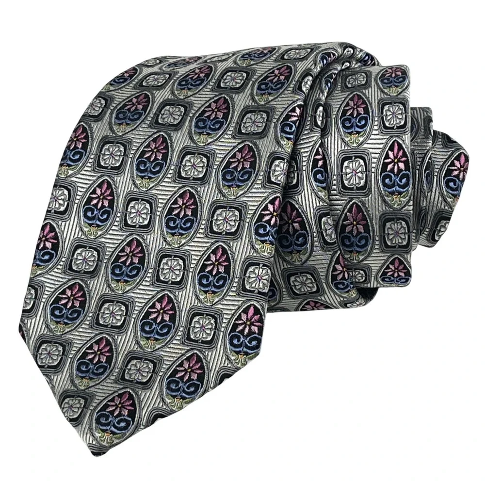 Jos. A. Bank Tie Mens Silver Black Floral Medallion Silk Signature Gold USA‎